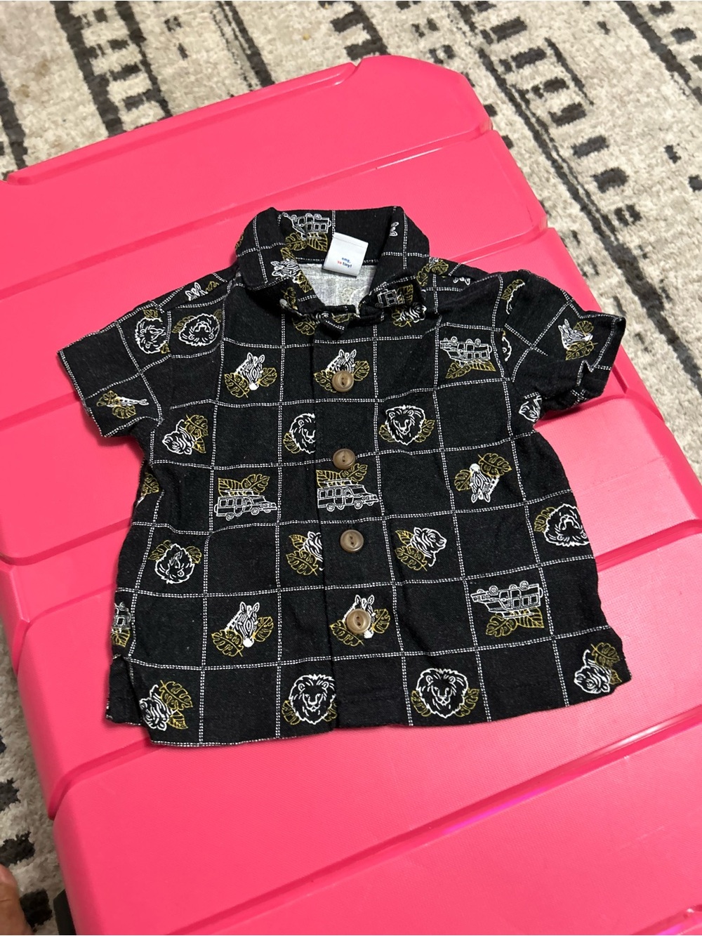 Black Grid-Print Short Sleeve Kids Shirt with Animal Motifs
